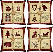 [Bigqin] 4 Set Christmas Throw Pillow Cushion Cover 45 * 45cm Xmas Pillow Case New Year Square Cushion Protector Invisible Zipper for Sofa Bedroom Living Room Home Decoration,Red Beige, 18"