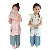 New Chinese Style Girls Waistcoat Tang Suit Pink White Two Piece Cheongsam Set