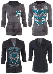 Affliction Women's Reversible Zip Up Hoodie Jacket Love Bandit Biker Tattoo