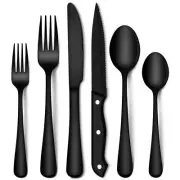 EUIRIO 48-Piece Black Silverware Set with Steak Knives, Heavy Duty Black Flat...
