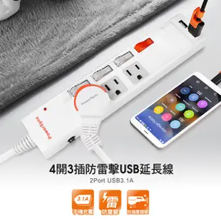 PowerSync 4開3插防雷擊USB延長線 電腦延長線 快充 插頭插座 過載保護 群加 蝦皮直送 現貨