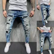 Mens Ripped Skinny Jeans Trousers Stretch Slim Fit Distressed Denim Long Pants