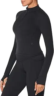 [Sunzel] Women's Long Sleeve Workout Crop Tops, Half Quarter Zip Compression Shirts with Thumbholes Quick Dry Athletic Running, Black, Medium