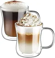 ecooe Double Walled Glass Coffee Cups, Coffee Glasses 11.8oz(350ml) Set of 2, Insulated Glass Coffee Mugs with Handle, Clear Coffee Mug Cups for Hot Cold Drinks Tea Cappucino Latte Macchiato Milk