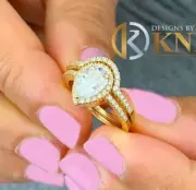 14k Solid Yellow Gold Pear Shape Moissanite Engagement Ring And Band Halo 2.00ct