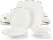 [MALACASA] Lightweight Bone China Dinnerware Set, 16 Pieces Square Plates and Bowls Sets with Gold Rim, Cream-White Dinner Plates and Small Bowls for Dessert, Salad, Soup, Pasta, Series RAFA