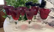 Ruby Red Wine Goblets Set 6 Bubble Glass Handblown