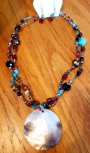 Shell Pendant with 2 strand multi-beaded Necklace and Earring Set