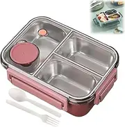 Escentio Lunch Box, Stainless Steel Portable Escentio Lunch Box, with Tableware and Divided Compartments (Three Compartments Pink)