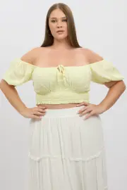 Yellow Crop Top Short Sleeve Ruched Bust Linen Blend