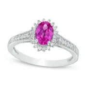 Oval Lab-Created Pink and White Sapphire Starburst Frame Antique Vintage-Style Ring in Sterling Silver