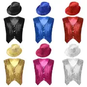 Kid Boys Girls Sequins Vest Waistcoat Hip-hop Jazz Dance Performance Top and Hat