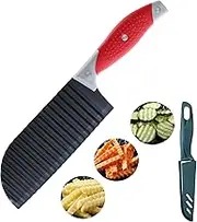 Crinkle Cut Knife, Crinkle Cutter for Veggies, French Fry, Potato, Cucumber, Carrot and Fruit, Stainless Steel Wave Fries Cutter Slicer with Stylish Rubber Handle (Including Dark Green Fruit Knife)