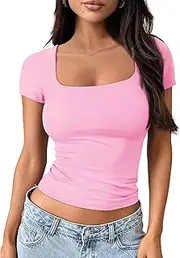[TcIFE] Women's T-Shirt Basic Short Sleeve Crop Top Square Neck Casual Tops Plain Slim Fit Summer Tee Shirts