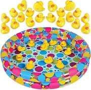 Duck Pond Matching Game for kids by GAMIE - Includes 20 Plastic Ducks with number & shapes And 3’ x 6” Inflatable Pool - Fun Memory Game - Water Outdoor Game for Children Preschoolers Birthday Party