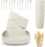 [afcevnlb] 24 Piece Wheat Straw Square Dinnerware Sets for 4, Unbreakable Dinner Plates and Bowls Sets for Camping Party Grill (White)