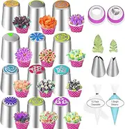 JAYVAR 27 Russian Piping Tips, Piping Bags and Tips Set, 12 Flower Frosting Tips Nozzles for Cake Decorating, Baking Supplies for Cupcake Cookie, 2 Leaf Piping Tips 2 Couplers 11 Pastry Baking Bags