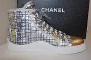 NIB CHANEL 17C GLOBE TROTTER HIGH TOP SNEAKERS SHOE TWEED FABRIC EUR 41 US 11