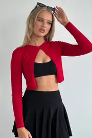 Red Knit Cardigan Long Sleeve Cropped - Size 12M, Women's Fitted Cardigan