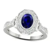 Oval Blue Sapphire and 0.50 CT. T.W. Natural Diamond Frame Tri-Sides Antique Vintage-Style Ring in Solid 10K White Gold
