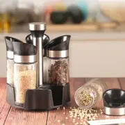 5 Jar Revolving Spice Rack Herbs Stand Glass Kitchen Storage Rotating Holder Set