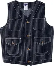 [Bciopll] Men's Classic Vertical Striped Denim Vest Retro Multi Pockets Workwear Vest
