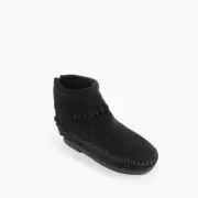 Minnetonka Childrens 2289 Black Suede Fringe Back Zipper Boots Hardsole Boot 13