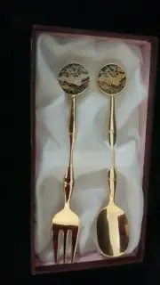 Enamel Art Tops w/Gold Tone Baby Fork & Spoon Marked FONS Korea New In Box