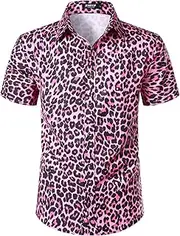 [JEMITOP] Men's Stretchy Causal Leopard Cheetah Print Short Sleeve Slim Fit Button Up Shirt
