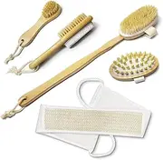 5 Pcs Exfoliating Brush Bath Brush Kit, Body Brush Set, Natural Boar Bristle Body Brush, Back Scrubber, Face Brush, Feet Brush, Massage Nodules Brush Wooden, Suitable for All Kinds of Skin