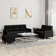 3 Piece Sofa Set with Cushions, Black Fabric, Includes 2-Seater and 3-Seater Sofas, Versatile Footstool, for Living Room, Sectional Furniture, Comfortable Seating, Modern Design