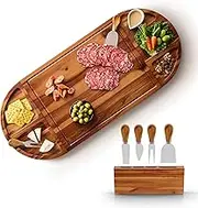 TIDITA 30 inch Large Acacia Wood Charcuterie Board with 4 Knives Set, Magnetic - 3 Parts Wooden Round Tray for Cheese - Long Appetizer Board for Serving Food Platter Cracker Snack