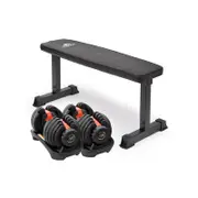 2x Powertrain 24kg Adjustable Dumbbell Home Gym w/ 10437 Adidas Bench
