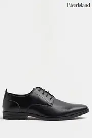 River Island Black Formal Point Leather Lace-Up Brogue Derby Shoes (C96373) | $66