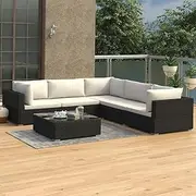6 Piece Outdoor Patio Furniture Set with Cushions, Black Poly Rattan Garden Lounge Set, Modular Conversation Sofa, Balcony Furniture for Garden, Porch, or Bistro Sale