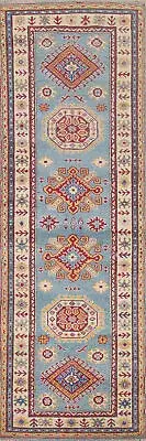 Light Blue Super Kazak Geometric Oriental Handmade Narrow Runner Rug 2' 9"x9' 0"