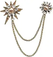 [Kefley] Vintage Crystal Brooch Pin Gold Rhinestone Star Pearl Lapel Pin for Men Women Hanging Chain Collar Pin Brooch Tassel Elegant Sweater Cloak Brooch Tie Suit Pin Statement Jewelry Accessories