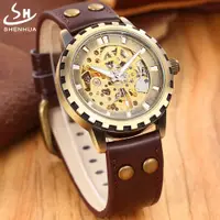 在飛比找蝦皮購物優惠-神華復古時鐘鏤空自動手錶男士機械自動上鍊男士蒸汽朋克皮革手錶