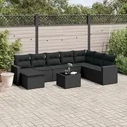 Patio Sets 9 Piece Garden Sofa Set with Cushions Black Poly Rattan
