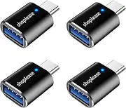 Shoplease USB-C to USB Adapter with LED Indicator, Type A Female to Type C Male, 4 Pack, Black, Compatible with iPhone MacBook iPad Galaxy
