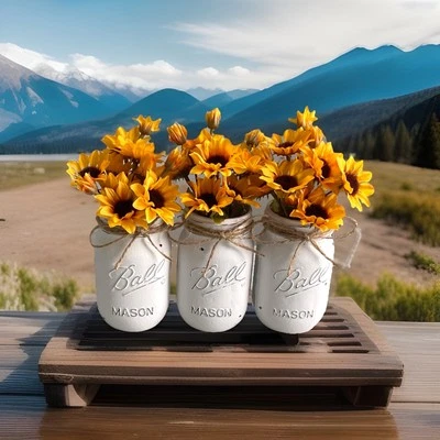 Set of 3 chalk painted distressed mason jar vases w/faux sunflowers included