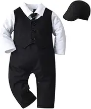 [IDOPIP] Baby Boy One-Piece Romper Short Sleeve Jumpsuit Gentleman White Shirt Bowtie Tuxedo Birthday Outfit Formal Suit + Hat