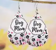~NWT "DOG MOM" Paw & Bone Print~Leather Teardrop Earrings~Silver Hook~3"x1.5"