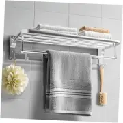 23.2 Inch Bathroom Towel Rack, Foldable Towel Holder with Movable Hooks, Silver