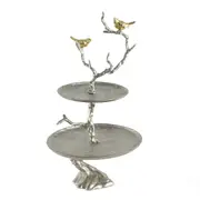 Bird and Tree Cake Stand with Ornate Silver Aluminium Display with Perched Birds, 60cm Height