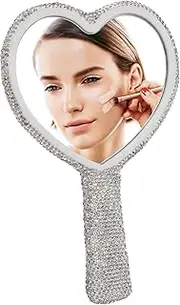 Baluue Handheld Mirror for Makeup Compact Heart Shape Rhinestone Mirror Handle Travel Mirror for Women