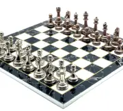 Black-White Marble Patterned Chess Board and Classic Metal Chess Pieces, Chess
