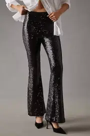 NWT Anthropologie Joni Sequin Flare Pants Black Cocktail Disco Holiday Size 2