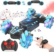 Gesture Sensor RC Stunt Car, 2.4GHz 4WD Misting Remote Control Toy Cars, Double Sided Rotating Off Road Vehicle 360° Flips with Led, Music, Spray, Rechargeable RC Car for Boys & Girls Birthday Blue
