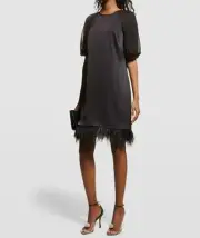 $365 Aidan Mattox Womens Black Feather Crewneck Mesh Sleeve Dress Size 8